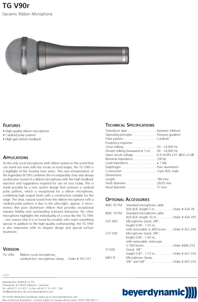 BEYERDYNAMIC M 500 beyerdynamic tg v90r spec sheet p1